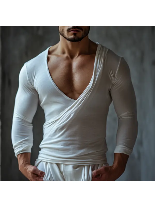 Men's Casual V-neck Super Stretch Comfortable Breathable Long-sleeved T-shirt Splicing Design Top - Frontiercool.com 