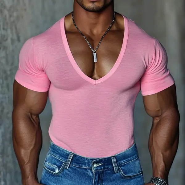 Men's Casual V-neck Super Stretch Comfortable Breathable Short-sleeved T-shirt Casual Fitness Slim T-shirt Daily Versati - Mobilittle.com 