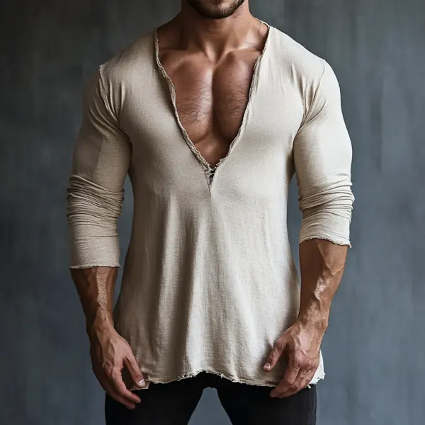 Men's Casual V-neck Comfortable Breathable Linen Long Sleeve T-shirt Pullover Top - Fineyoyo.com 
