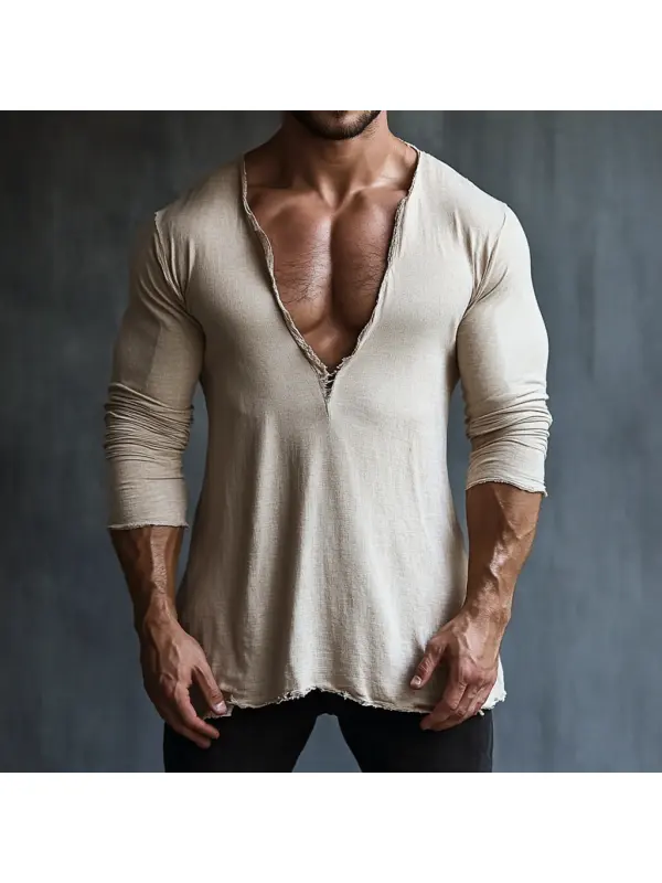 Men's Casual V-neck Comfortable Breathable Linen Long Sleeve T-shirt Pullover Top - Anrider.com 