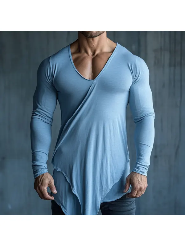 Men's Casual V-neck Super Stretch Comfortable Breathable Long-sleeved T-shirt Splicing Design Top - Frontiercool.com 