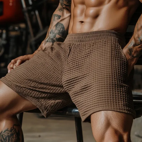 Men's Oversized Stretch Waffle Athletic Fitness Shorts Casual Comfort Daily Basic Elastic Waist Lace-Up Shorts - Bustalent.com 