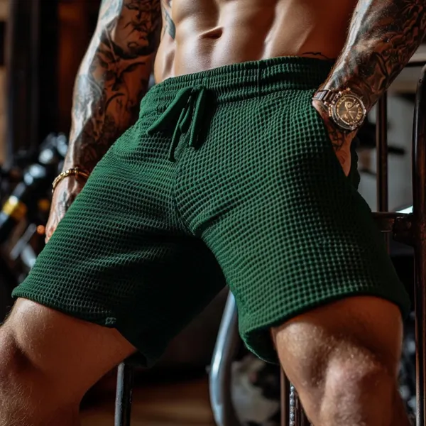 Men's Oversized Stretch Waffle Athletic Fitness Shorts Casual Comfort Daily Basic Elastic Waist Lace-Up Shorts - Bustalent.com 