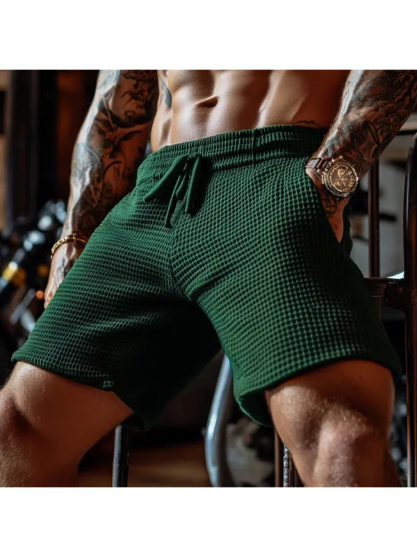 Men's Oversized Stretch Waffle Athletic Fitness Shorts Casual Comfort Daily Basic Elastic Waist Lace-Up Shorts - Aptkoi.com 