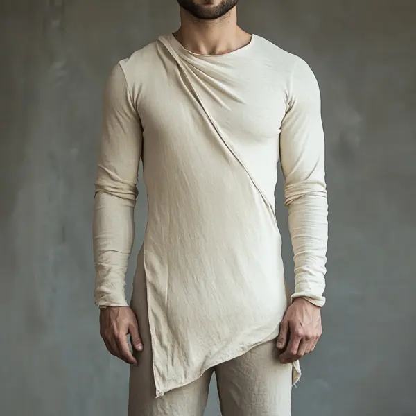 Men's Casual Round Neck Comfortable Breathable Linen Long-sleeved T-shirt Casual Fitness Slim T-shirt Stitching Design T - Menilyshop.com 