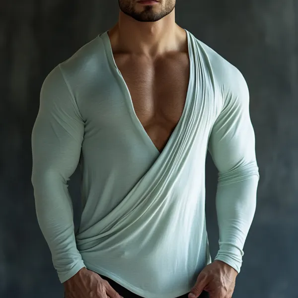 Men's Casual V-neck Super Stretch Comfortable Breathable Long-sleeved T-shirt Pleated Design Top - Bustalent.com 