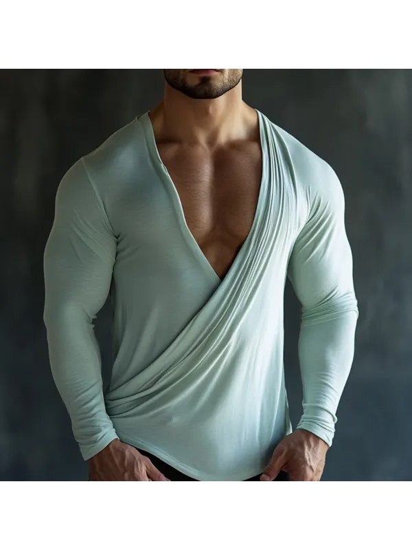 Men's Casual V-neck Super Stretch Comfortable Breathable Long-sleeved T-shirt Pleated Design Top - Anrider.com 