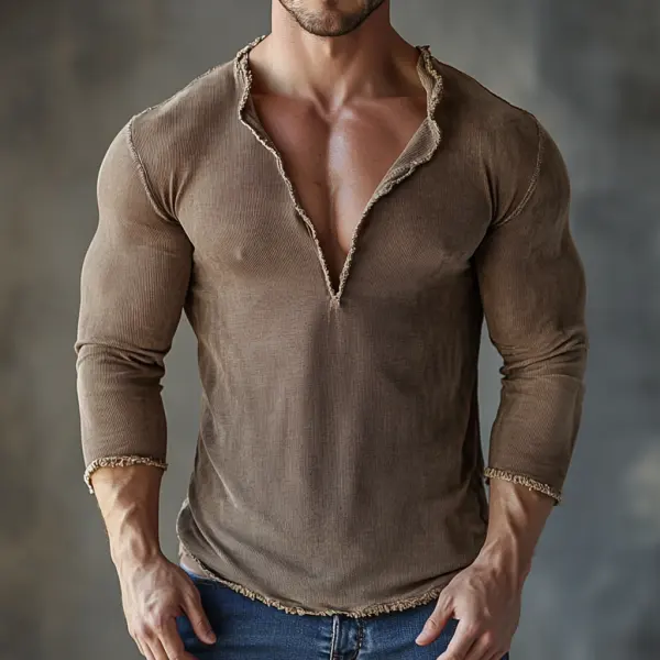 Retro Men's Casual V-neck Comfortable Breathable Long-sleeved T-shirt Casual Fitness Slim T-shirt Daily Versatile T-shir - Mobilittle.com 