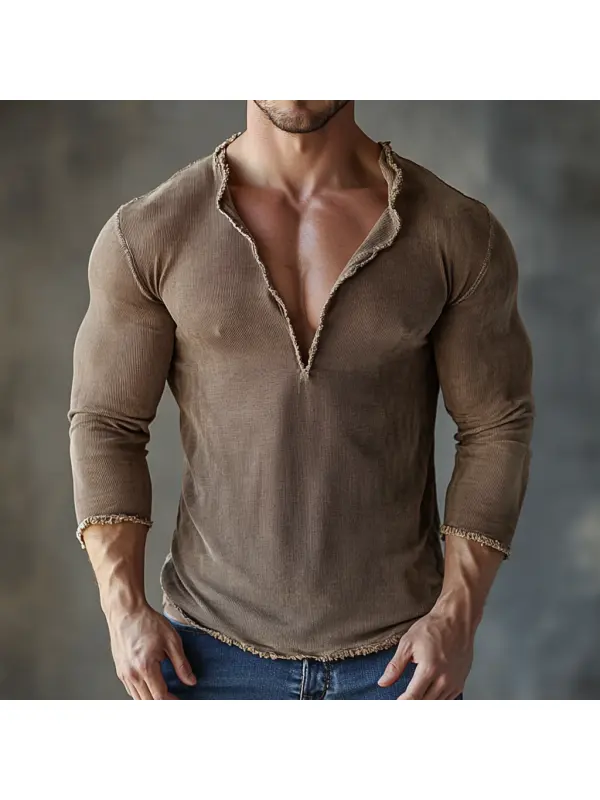 Retro Men's Casual V-neck Comfortable Breathable Long-sleeved T-shirt Casual Fitness Slim T-shirt Daily Versatile T-shir - Frontiercool.com 