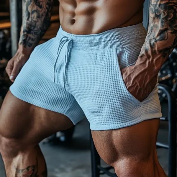 Men's Oversized Stretch Waffle Athletic Fitness Shorts Casual Comfort Daily Basic Elastic Waist Lace-Up Shorts - Bustalent.com 