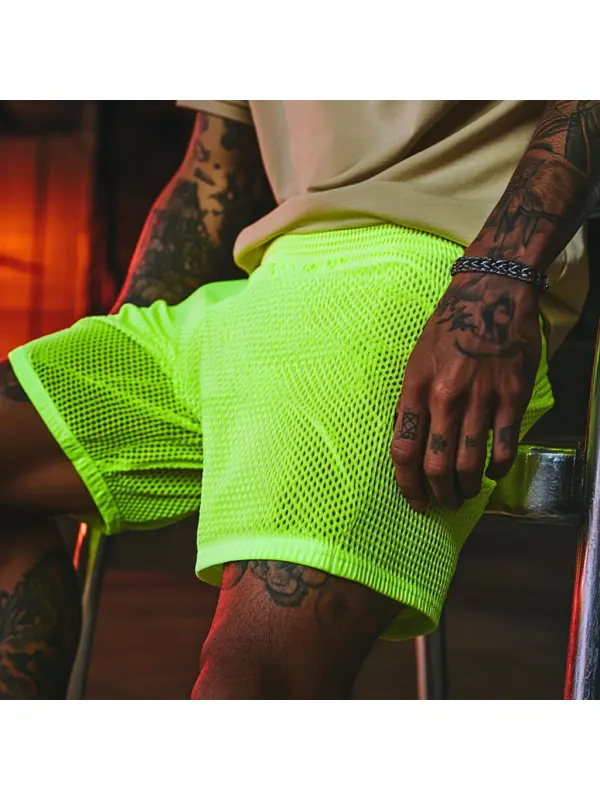 Men's Mesh Sports Fitness Shorts Casual Comfort Everyday Basic Elastic Waist Lace-Up Shorts Club Fluorescent Shorts - Ootdmw.com 