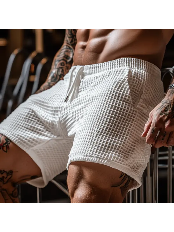 Men's Oversized Stretch Waffle Athletic Fitness Shorts Casual Comfort Daily Basic Elastic Waist Lace-Up Shorts - Ootdmw.com 