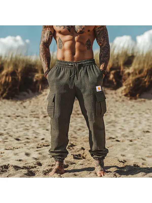 Men's Waffle Cargo Pants With Adjustable Waistband And Multiple Pockets For Outdoor Adventures - Ootdmw.com 