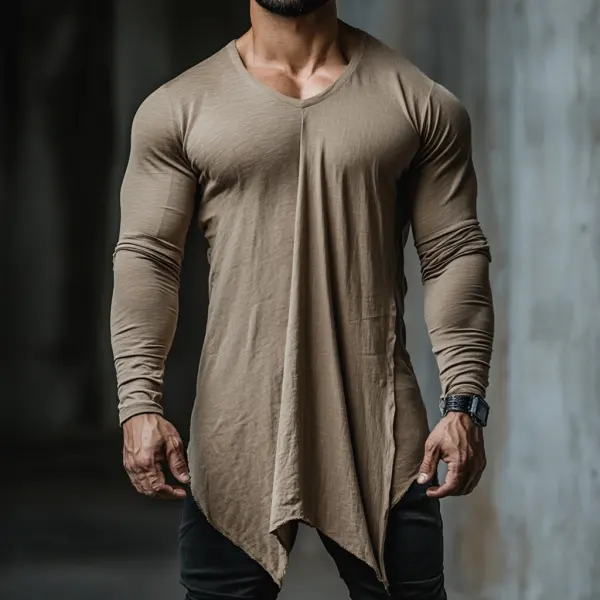 Men's Casual V-neck Comfortable Breathable Linen Long Sleeve T-shirt Splicing Design Linen Pullover Top - Menilyshop.com 