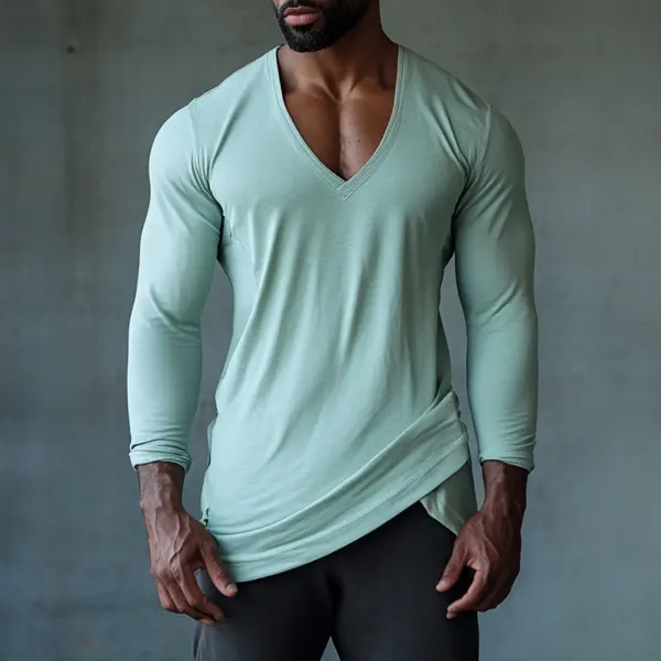 Men's Casual V-neck Super Stretch Comfortable Breathable Long-sleeved T-shirt Pleated Design Top - Bustalent.com 