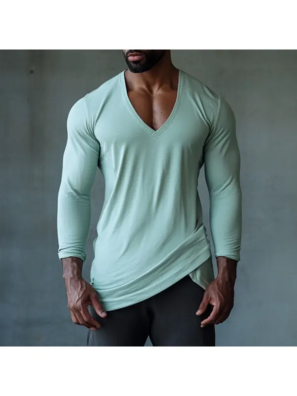 Men's Casual V-neck Super Stretch Comfortable Breathable Long-sleeved T-shirt Pleated Design Top - Anrider.com 
