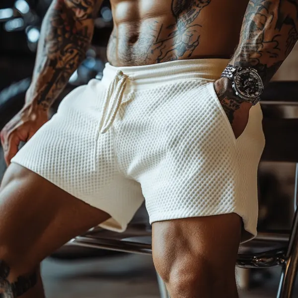 Men's Oversized Stretch Waffle Athletic Fitness Shorts Casual Comfort Daily Basic Elastic Waist Lace-Up Shorts - Bustalent.com 