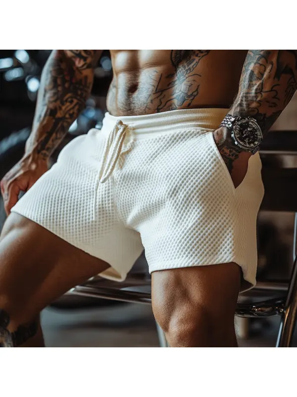 Men's Oversized Stretch Waffle Athletic Fitness Shorts Casual Comfort Daily Basic Elastic Waist Lace-Up Shorts - Aptkoi.com 