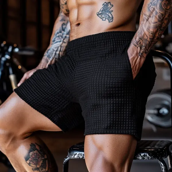 Men's Oversized Stretch Waffle Athletic Fitness Shorts Casual Comfort Daily Basic Elastic Waist Lace-Up Shorts - Bustalent.com 