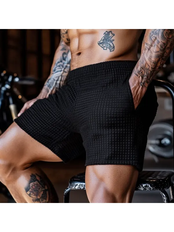 Men's Oversized Stretch Waffle Athletic Fitness Shorts Casual Comfort Daily Basic Elastic Waist Lace-Up Shorts - Ootdmw.com 