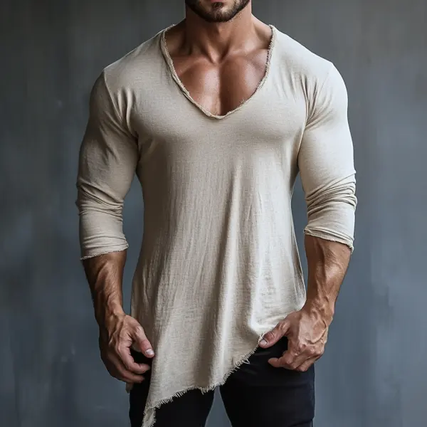 Men's Casual V-neck Comfortable Breathable Linen Long-sleeved T-shirt Casual Fitness Slim T-shirt Stitching Design T-sh - Spiretime.com 