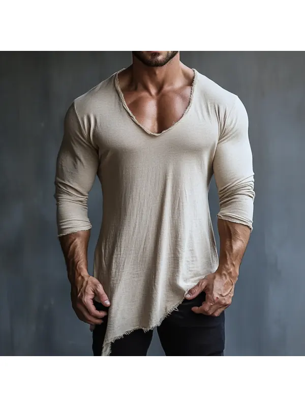 Men's Casual V-neck Comfortable Breathable Linen Long-sleeved T-shirt Casual Fitness Slim T-shirt Stitching Design T-sh - Anrider.com 