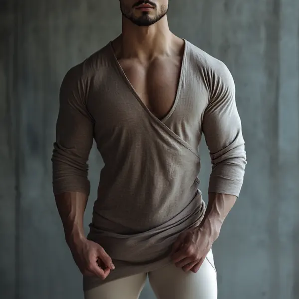 Men's Casual V-neck Comfortable Breathable Linen Long Sleeve T-shirt Pleated Design Linen Top - Keymimi.com 
