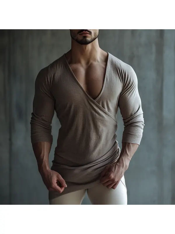 Men's Casual V-neck Comfortable Breathable Linen Long Sleeve T-shirt Pleated Design Linen Top - Ootdmw.com 