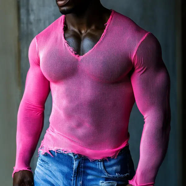 Men's Casual V-neck Super Stretch Comfortable Breathable Long-sleeved T-shirt Casual Fitness Daily T-shirt Club Mesh Se - Mobilittle.com 