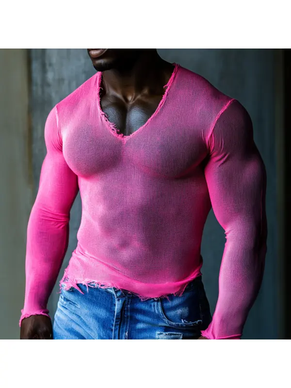 Men's Casual V-neck Super Stretch Comfortable Breathable Long-sleeved T-shirt Casual Fitness Daily T-shirt Club Mesh Se - Shopyiyistories.com 