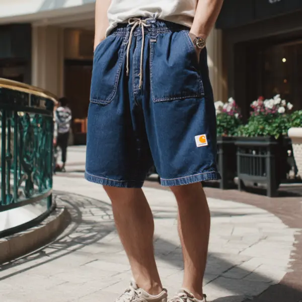 Blue Denim Shorts With Drawstring Waist - Spiretime.com 