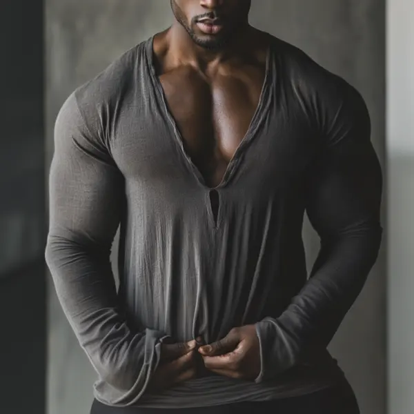 Men's Casual V-neck Comfortable Breathable Linen Long-sleeved T-shirt Linen Pullover Top - Freemacho.com 