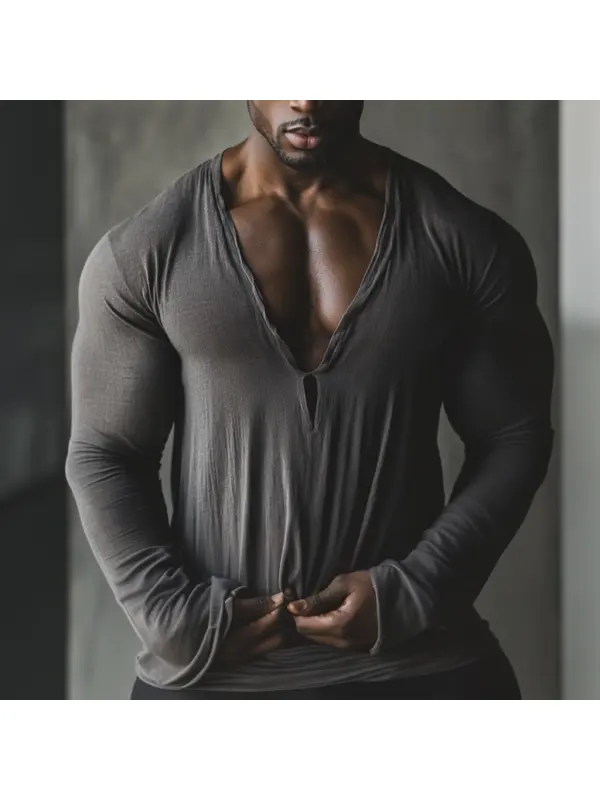 Men's Casual V-neck Comfortable Breathable Linen Long-sleeved T-shirt Linen Pullover Top - Ootdmw.com 