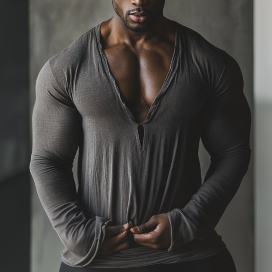

Men's Casual V-neck Comfortable Breathable Linen Long-sleeved T-shirt Linen Pullover Top