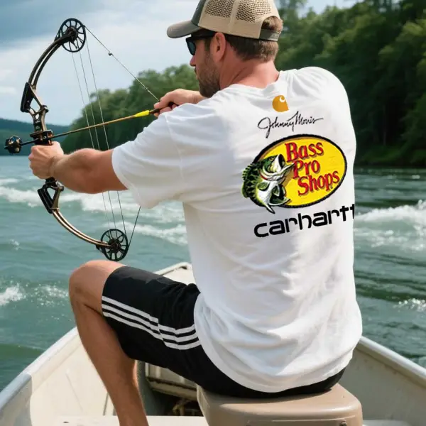 Men's Vintage Fishing Print Crew Neck Short Sleeve White T-Shirt - Zivinfo.com 