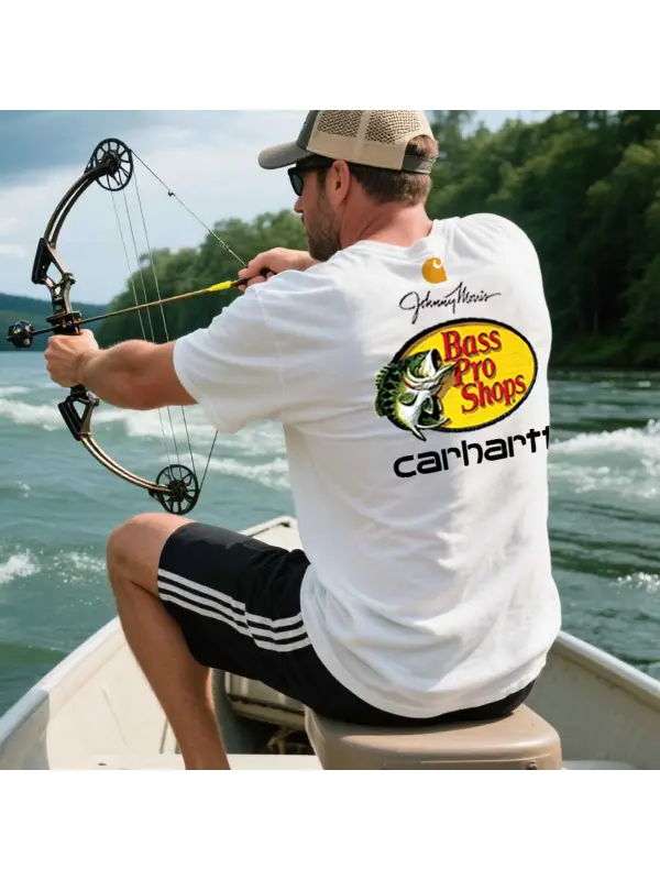 Men's Vintage Fishing Print Crew Neck Short Sleeve White T-Shirt - Anrider.com 