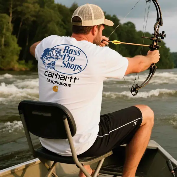 Men's Vintage Fishing Print Crew Neck Short Sleeve White T-Shirt - Spiretime.com 