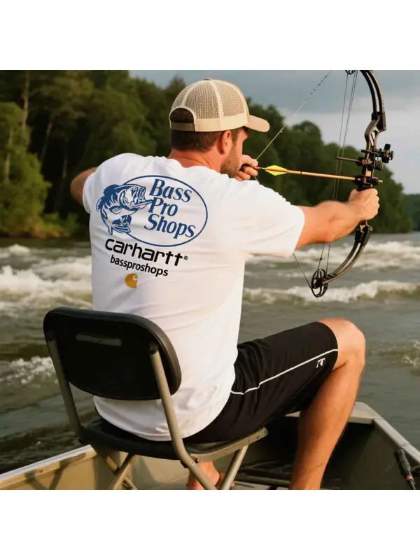 Men's Vintage Fishing Print Crew Neck Short Sleeve White T-Shirt - Anrider.com 