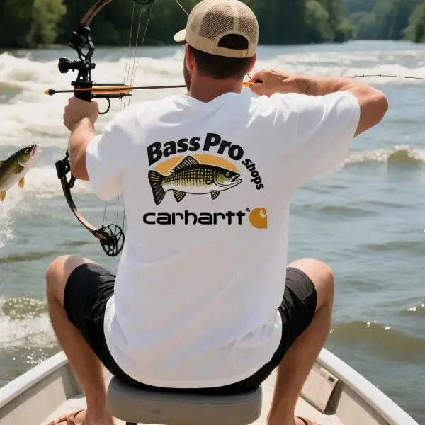 Men's Vintage Fishing Print Crew Neck Short Sleeve White T-Shirt - Ootdyouth.com 