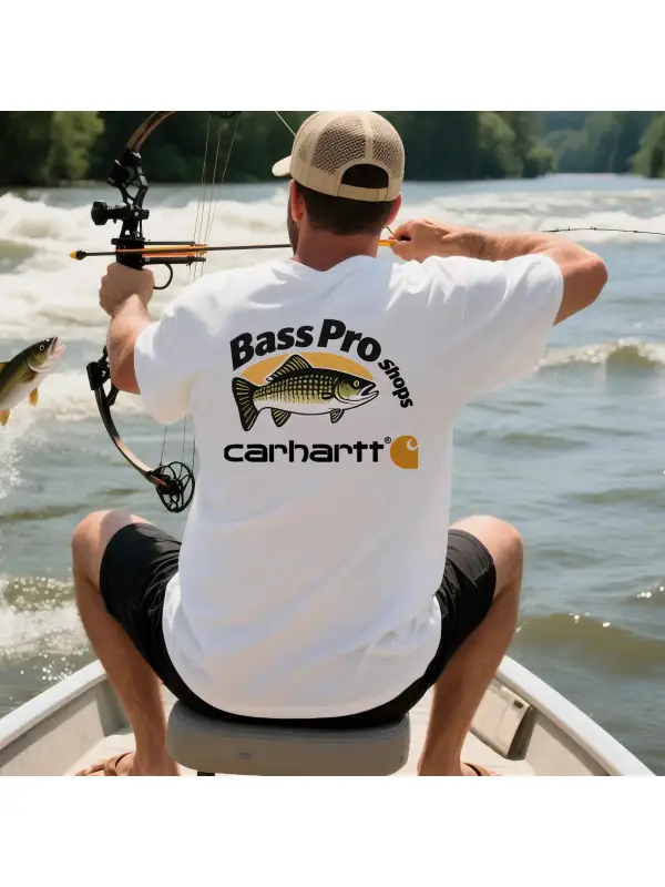 Men's Vintage Fishing Print Crew Neck Short Sleeve White T-Shirt - Anrider.com 