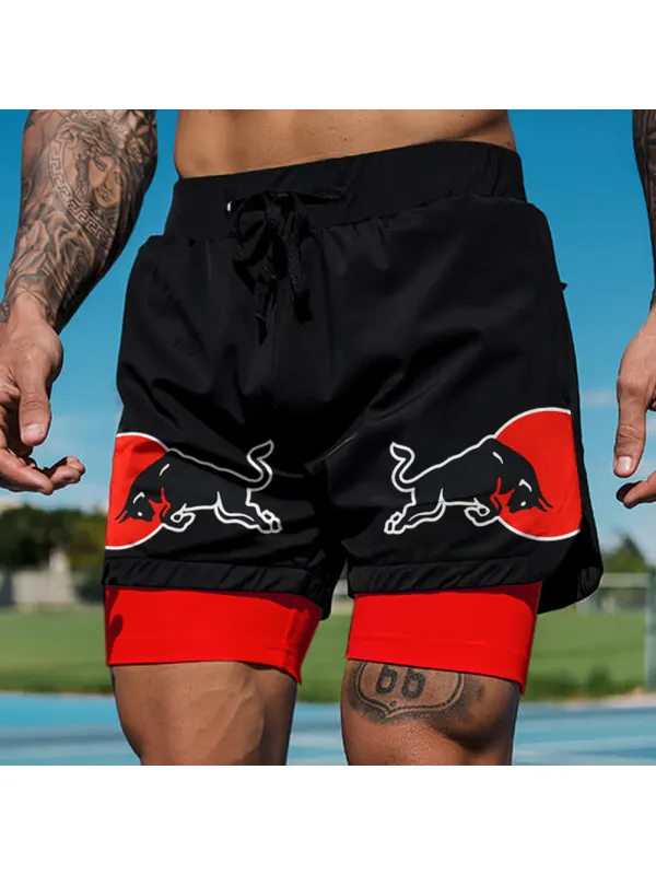 Men's Casual Outdoor Racing Print Double Layer Sports Shorts - Ootdmw.com 