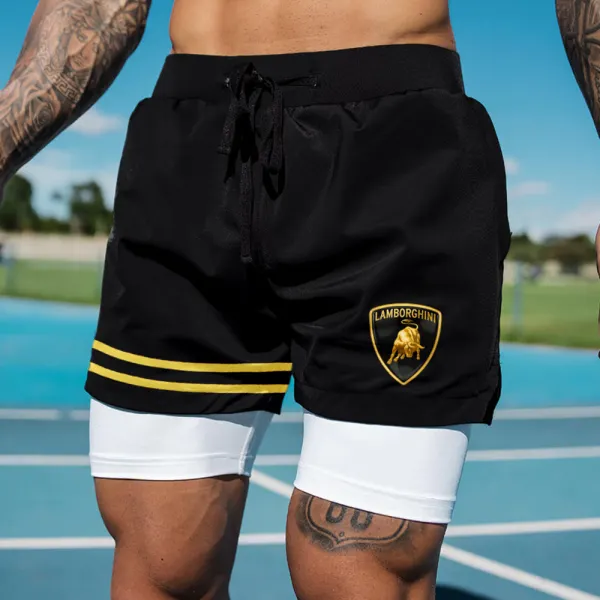 Men's Casual Outdoor Sports Car Print Double Layer Sports Shorts - Spiretime.com 