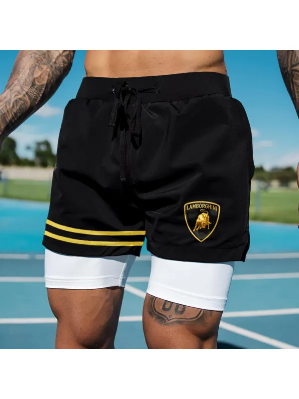 Men's Casual Outdoor Sports Car Print Double Layer Sports Shorts - Frontiercool.com 