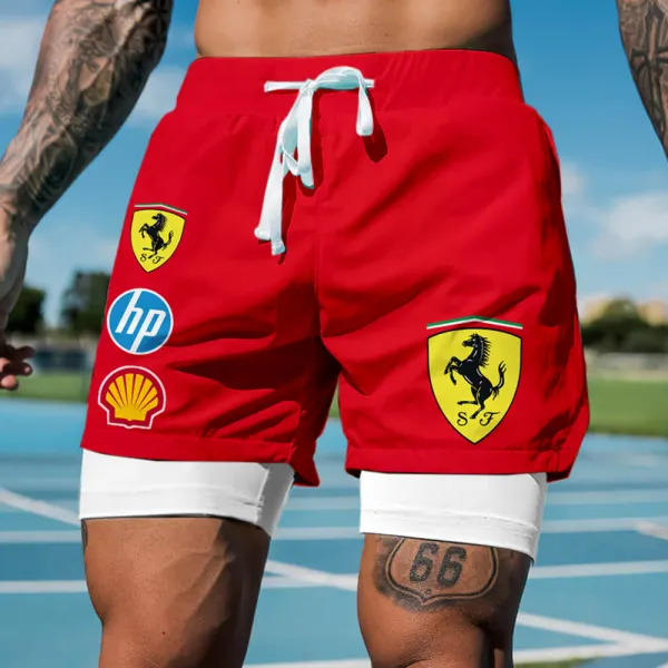 Men's Casual Outdoor Sports Car Print Double Layer Sports Shorts - Spiretime.com 