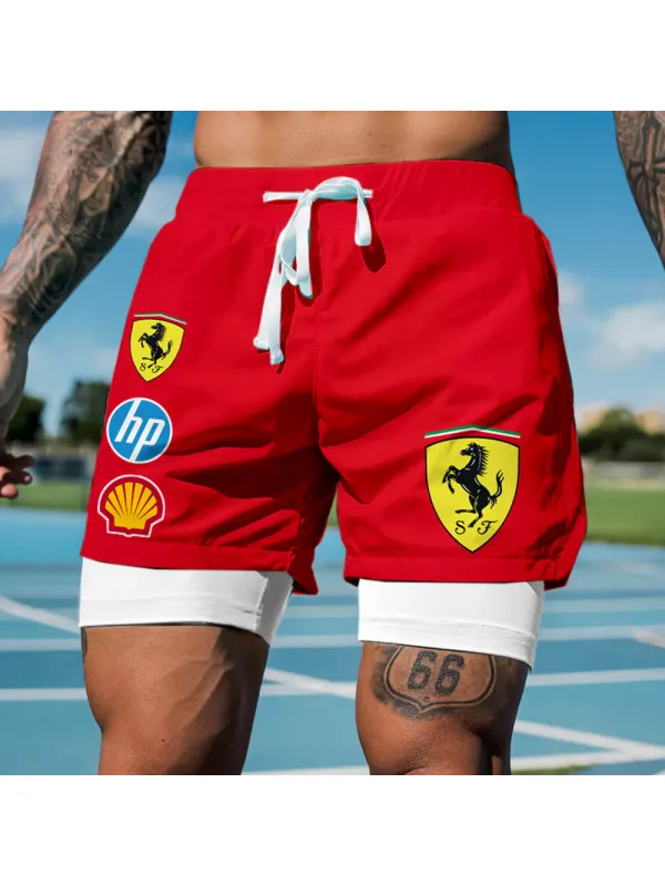 Men's Casual Outdoor Sports Car Print Double Layer Sports Shorts - Ootdmw.com 