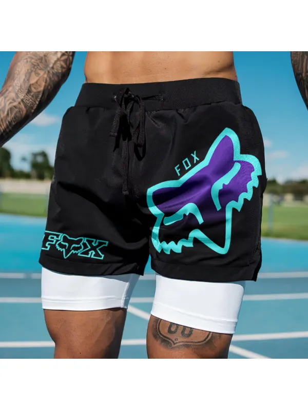 Men's Casual Outdoor Racing Print Double Layer Sports Shorts - Ootdmw.com 