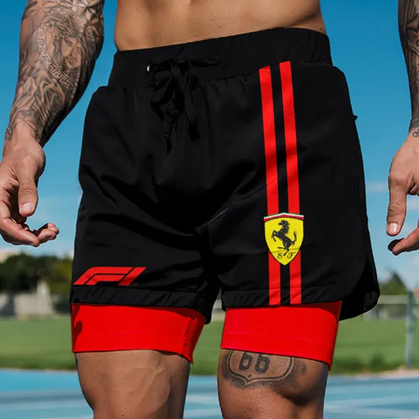 Men's Casual Outdoor Sports Car Print Double Layer Sports Shorts - Spiretime.com 