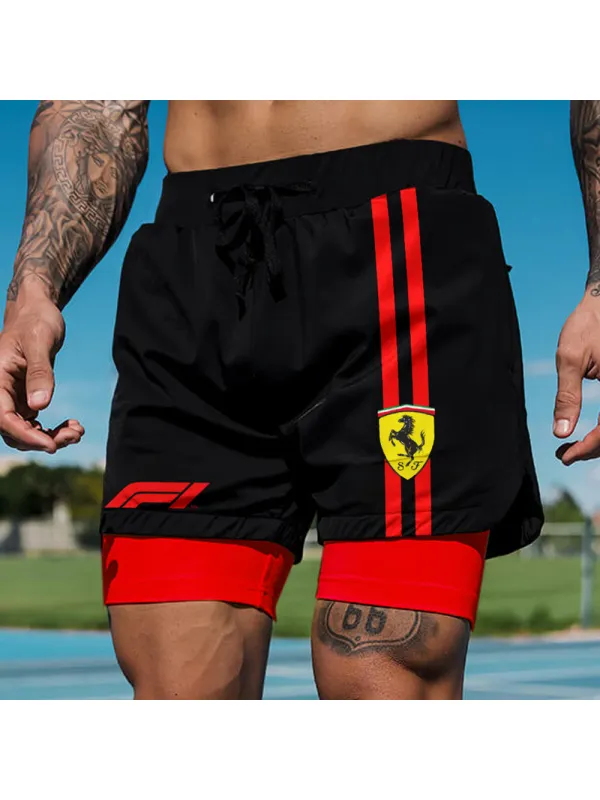 Men's Casual Outdoor Sports Car Print Double Layer Sports Shorts - Ootdmw.com 