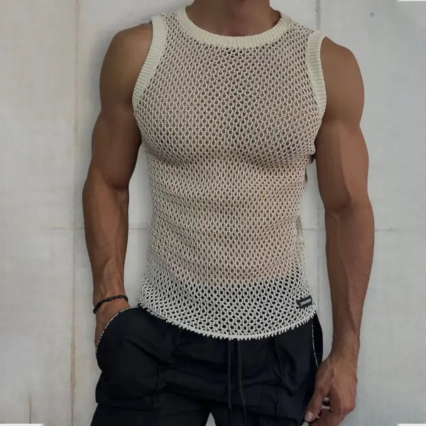 Men's Sheer Mesh Plain Color Sleeveless Top - Ootdyouth.com 