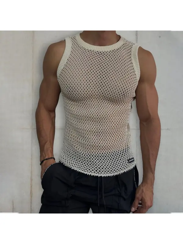 Men's Sheer Mesh Plain Color Sleeveless Top - Anrider.com 